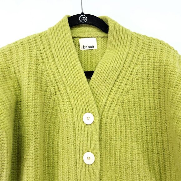 babaà No.22 Cardigan 100% Eco Wool Ribbed Knit Green Button Front Sweater - Picture 9 of 14